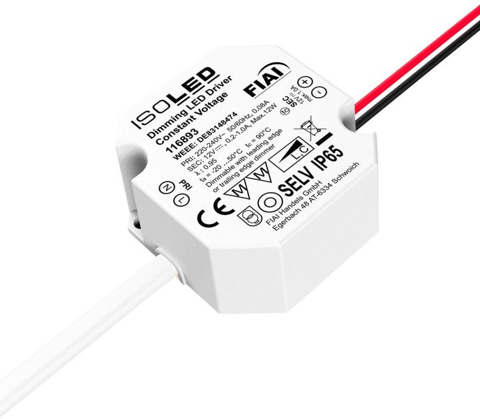 ISOLED LED Schalterdosen-PWM-Trafo 12V/DC, 0-12W, Tiefe 24mm, IP65, dimmbar, SELV