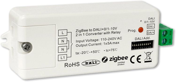 ISOLED ZIGBEE auf DALI DT6/DT8 oder 0/1-10V Signal Konverter + 5A Schaltrelais, 110-240V AC